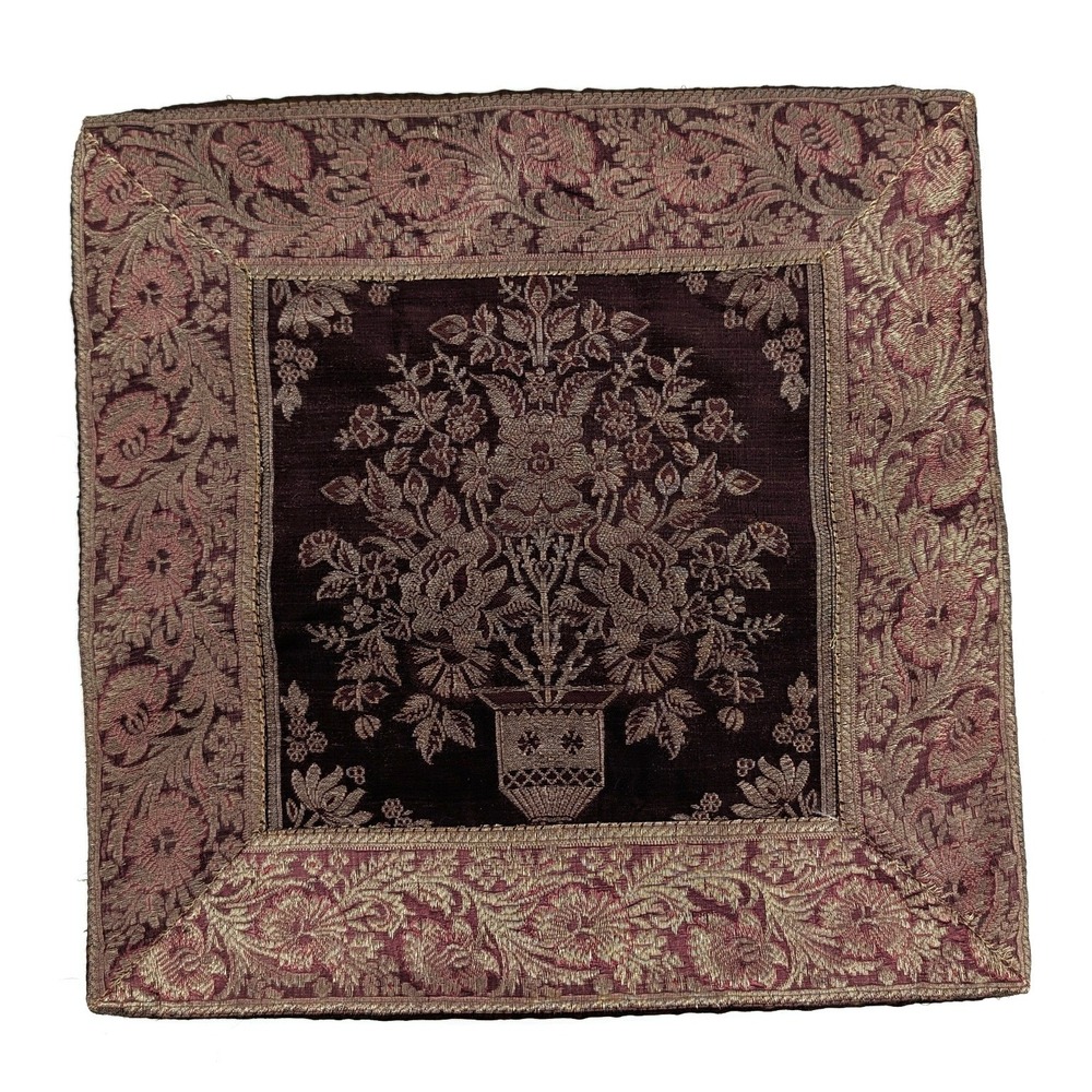Woven Tapestry Pillow‎ Cover Floral Brocade Metallic Burgundy 12x12